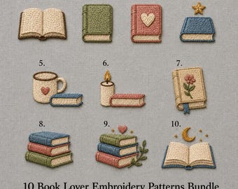 Book Lover Embroidery Patterns Bundle, 10 Beginner Hand Embroidery Designs, Printable PDF, Cozy Bookish Motifs, Instant Download