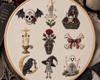 Gothic Embroidery Patterns Bundle | 9 Spooky Beginner Hand Embroidery Designs | Halloween PDF Download