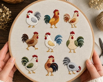 Rooster Embroidery Pattern Bundle, 9 Beginner Hand Embroidery Patterns, Chicken Farmhouse PDF Pattern, Printable Digital Download