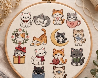 14 Cute Cat Embroidery Patterns PDF, Beginner Hand Embroidery Bundle, Kawaii Kitty Patterns, Printable Animal Embroidery Designs
