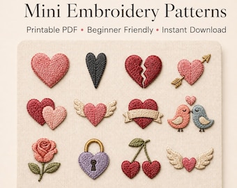 12 Valentine Embroidery Patterns PDF, Beginner Hand Embroidery Mini Motifs, Hearts Lovebirds Rose Lock Instant Download