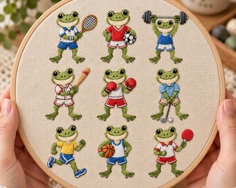 Frog Sports Embroidery Patterns PDF, 9 Cute Athletic Frog Motifs, Beginner Hand Embroidery Pattern Bundle