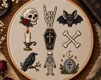 Gothic Embroidery Patterns Bundle PDF, Skull Bat Raven Skeleton Coffin Halloween Hand Embroidery Designs