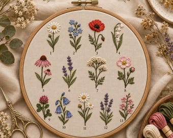 13 Wildflower Embroidery Patterns, Beginner Hand Embroidery PDF Bundle, Floral Botanical Patterns, Wild Flower Printable Designs