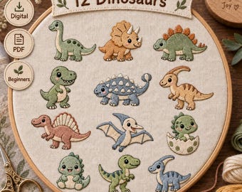 12 Cute Dinosaur Embroidery Patterns PDF, Beginner Hand Embroidery Bundle, Dino Printable Patterns, Kids Animal Embroidery Designs