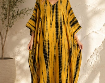 Vestido caftán tie-dye amarillo mostaza para mujer / Vestido caftán de noche, vestido para estar en casa, caftán maxi bohemio, pareo de playa de corte holgado