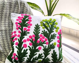 Pink & Green Suzani Embroidered Cushion Cover | Handmade Boho Pillow Cover | Floral Throw Pillow | Decorative Sofa Cushion | Farmhouse Decor