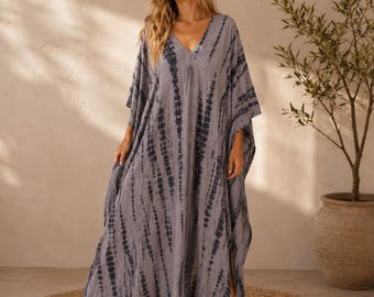 Handgemaakte kaftan met tie-dye print voor dames, losvallende maxi-jurk, boho strandjurk, nachtjurk, cadeau voor haar