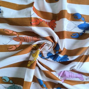 Handmade Lobster Print Cotton Fabric by Yards | Brown Striped Cotton Textile, Beach Theme Fabric | Quilting and Dressmaking Fabric