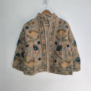 Handmade Beige Embroidered Floral Print Jacket | Honeycomb Weave Jacket,  Kashmiri Style Open Front Coat