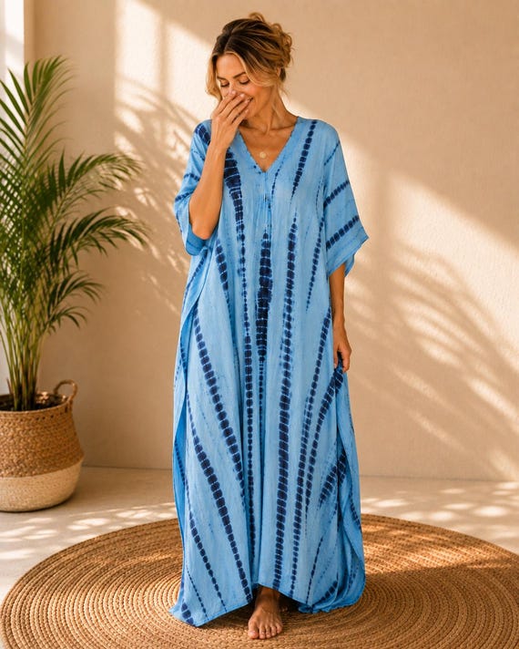 Blue Tie Dye Kaftan Dress for Women, Boho Maxi Caftan, Cotton Hand Dyed Kaftan, Resort Wear, Loose Summer Dress, Nightwear Dress for Her