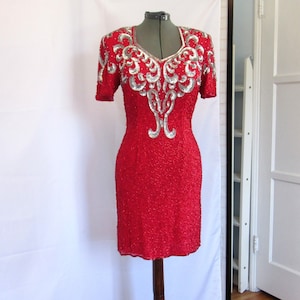 Vintage 80s 30s style flapper Beaded Sequin Red Silver Cocktail Trophy Dress 100% Silk Short Mini Evening Gown size M