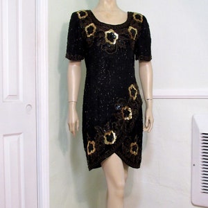 Vintage 80s 30s style STENAY Flapper Beaded Sequin Cocktail Trophy Dress 100% Silk Short Mini Evening Gown size S Women's 4 6 image 1