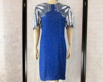 Vintage 80s 30s style flapper Laurence Kazar Beaded Sequin Cocktail Trophy Dress Blue Silk Short Evening Gown Keyhole Back size M