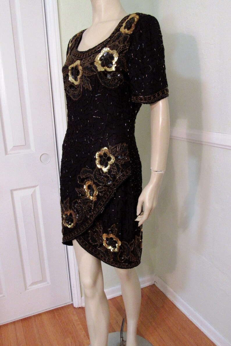 Vintage 80s 30s style STENAY Flapper Beaded Sequin Cocktail Trophy Dress 100% Silk Short Mini Evening Gown size S Women's 4 6 image 7