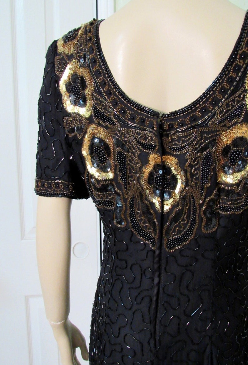 Vintage 80s 30s style STENAY Flapper Beaded Sequin Cocktail Trophy Dress 100% Silk Short Mini Evening Gown size S Women's 4 6 image 10