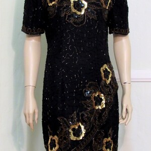 Vintage 80s 30s style STENAY Flapper Beaded Sequin Cocktail Trophy Dress 100% Silk Short Mini Evening Gown size S Women's 4 6 image 3