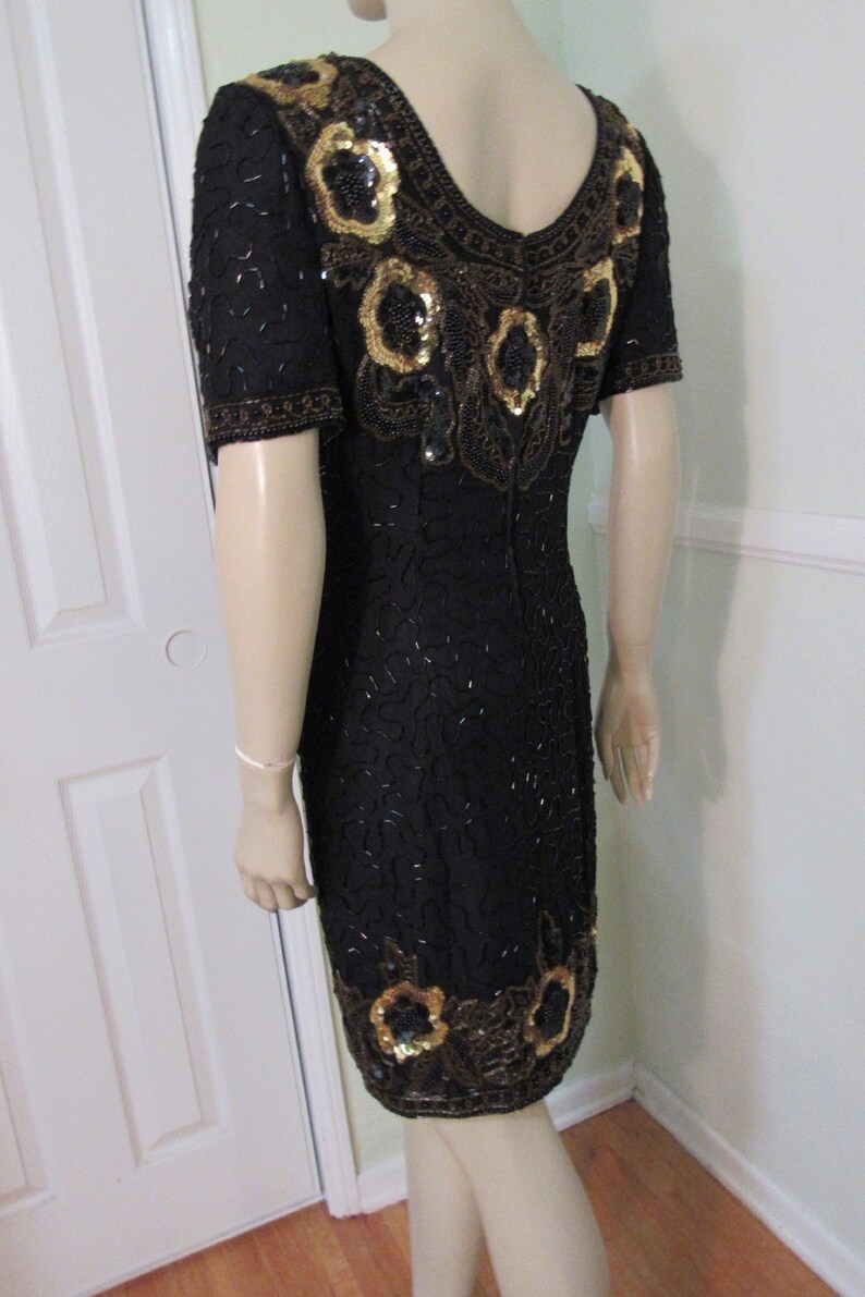 Vintage 80s 30s style STENAY Flapper Beaded Sequin Cocktail Trophy Dress 100% Silk Short Mini Evening Gown size S Women's 4 6 image 8