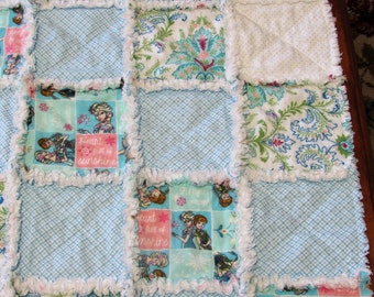 Disney FROZEN Elsa Anna Sisters Homemade Cotton 3-Layer Flannel Baby Girl Blue Pink Rag Quilt Blanket