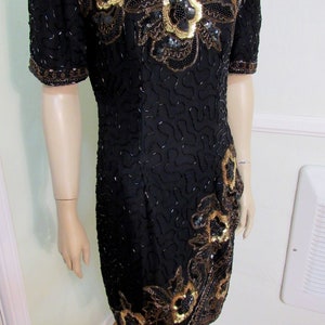 Vintage 80s 30s style STENAY Flapper Beaded Sequin Cocktail Trophy Dress 100% Silk Short Mini Evening Gown size S Women's 4 6 image 5