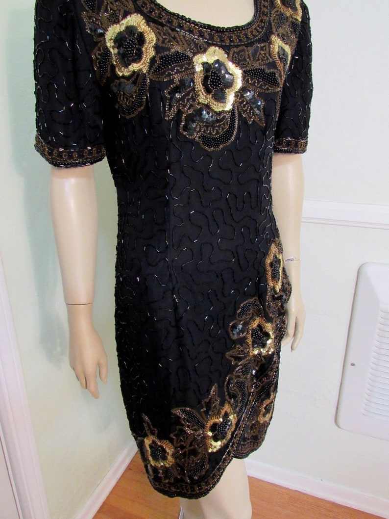 Vintage 80s 30s style STENAY Flapper Beaded Sequin Cocktail Trophy Dress 100% Silk Short Mini Evening Gown size S Women's 4 6 image 5