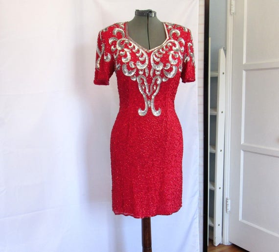 Vintage 80s 30s Style Flapper Beaded Sequin Red Silver Cocktail