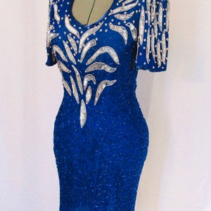 Vintage 80s 30s style flapper Beaded Sequin Blue Silver Cocktail Trophy Dress 100% Silk Short Mini Evening Gown size 8 Ladies S