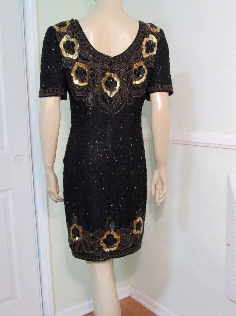 Vintage 80s 30s style STENAY Flapper Beaded Sequin Cocktail Trophy Dress 100% Silk Short Mini Evening Gown size S Women's 4 6 image 9