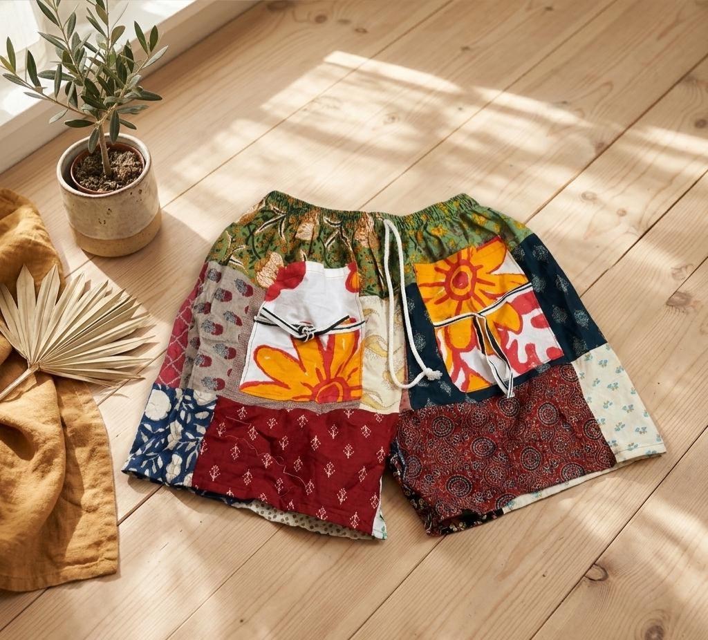 Vintage Cotton Shorts Women Travel - Unisex Printed Lounge Bottoms With Pockets
