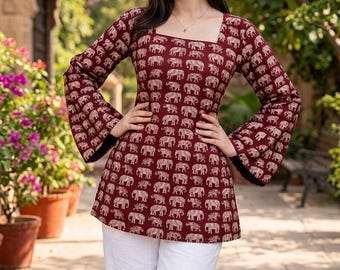 Women Black Print Short Kurti - Casual Long Sleeves Cotton Tops