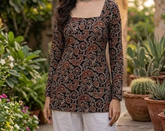 Frauen Block Print Braun Kurti - Lässige Volle Ärmel Baumwolle Tops