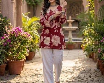 Kurti corto con estampado floral rojo - Blusa informal larga sin mangas de algodón / Regalo para ella