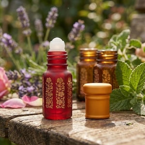 May include: A red glass essential oil roller bottle with a gold floral design, a white roller ball, and a gold cap. Two amber glass bottles are in the background. The bottles are on a weathered wooden surface with lavender and greenery.