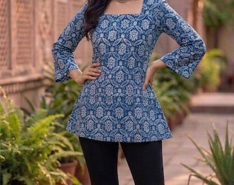 Blue Printed with Thread Work Kurti - Flared Sleeves, Casual Top for Women