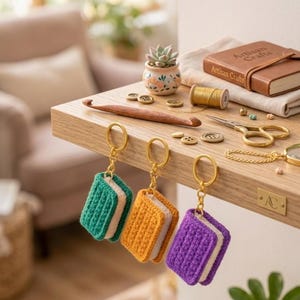 Könnte beinhalten: Drei gehäkelte Buch-Schlüsselanhänger in Türkis, Orange und Lila hängen an einem Holzregal. Auf dem Regal befinden sich auch eine kleine Sukkulente, ein ledergebundenes Buch, Knöpfe und Nähutensilien.