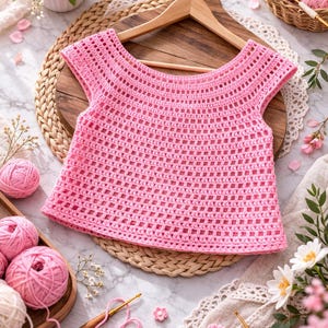 May include: A handmade, pink crochet top hangs on a wooden hanger. The openwork design is visible. The image includes pink yarn, crochet hooks, scissors, and floral accents, suggesting a crafting theme.
