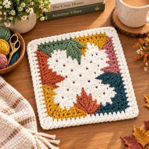 Könnte beinhalten: Ein quadratischer Häkeluntersetzer mit einem zentralen weißen Sternmuster, umgeben von vier Blattmotiven in Senfgelb, gebranntem Orange, Dunkelgrün und gedecktem Rosa. Die Kanten sind mit einer weißen Umrandung versehen, was ein strukturiertes Design ergibt.