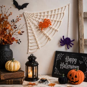 Könnte beinhalten: Ein cremefarbener, gehäkelter Spinnennetz-Wandschmuck mit einer orangefarbenen und einer violetten Spinne, einer schwarzen Papierfledermaus, einer schwarzen Laterne, einem schwarzen Schild mit dem Text Happy Halloween und zwei gehäkelten Kürbissen.
