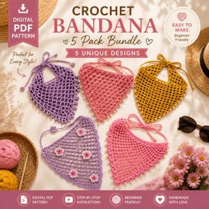 Crochet Bandana Pattern PDF | Bundle Head Scarf, Summer Hair Wrap, Crochet Bandana Cap, Festival Hair Accessory for women , Digital Download