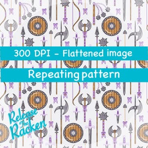 May include: A repeating pattern featuring various medieval weapons such as axes, swords, shields, and maces in shades of gray, brown, and purple on a white background. The image includes the text "300 DPI - Flattened image" and "Repeating pattern".