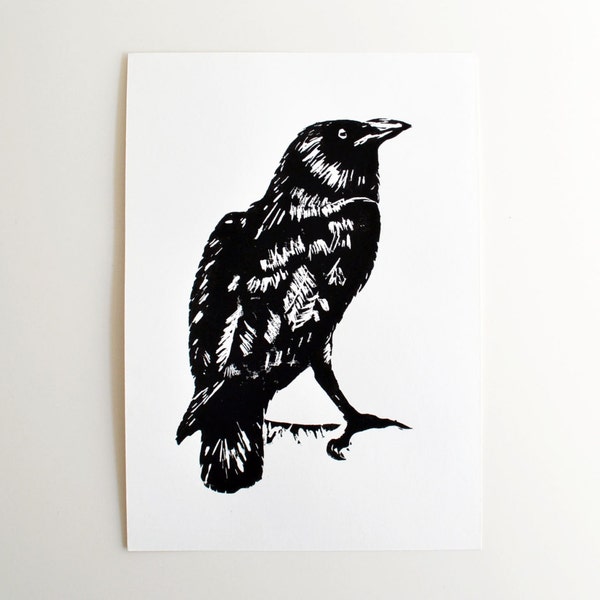 Black Raven, linoleum block print black ink