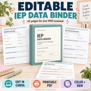 May include: An editable IEP data binder in a teal cover with white pages featuring forms for student overview, goal measurement plans, and ABC observations. The text includes IEP DATA BINDER, Small observations. Meaningful progress, and Teacher & Caseload Edition.