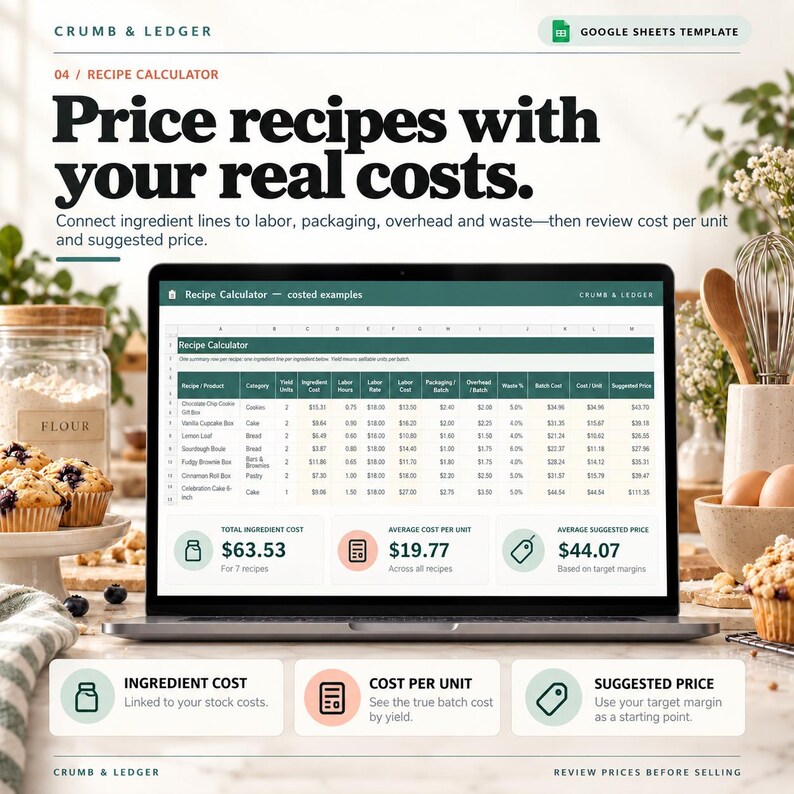 Cottage Bakery Business Spreadsheet: Orders, Inventory, Recipe Costing ...