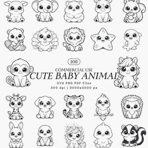 Può includere: Illustrazioni in bianco e nero di 20 adorabili animali, tra cui un maiale, un elefante, un orso, un rinoceronte, uno scoiattolo, un castoro, un tacchino, un leone, una stella marina, un delfino, una scimmia, un cavallo, una giraffa, un cane, un leopardo, un uccello, un riccio, un coniglio, una tartaruga e una puzzola. Il testo "CUTE BABY ANIMAL" è visibile.