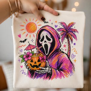 Spooky Summer Ghost PNG, Vintage 90s Halloween Beach Design, Pink Palm Tree Sublimation Clipart