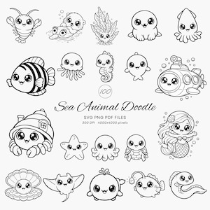 Pacchetto di 100 scarabocchi di animali marini in formato SVG, pagine da colorare di animali dell'oceano in formato PDF 8,5x11, clipart di vita marina in formato PNG, file di lavoretti per bambini in classe