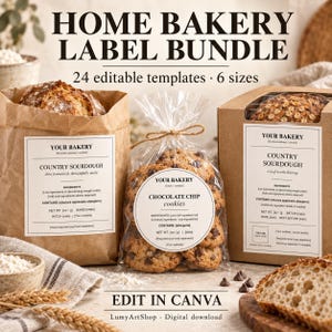 Puede incluir: Un paquete de etiquetas para panadería casera con 24 plantillas editables en 6 tamaños. La imagen muestra bolsas de papel marrón y una bolsa de plástico transparente con galletas, decoradas con etiquetas blancas rectangulares y circulares.