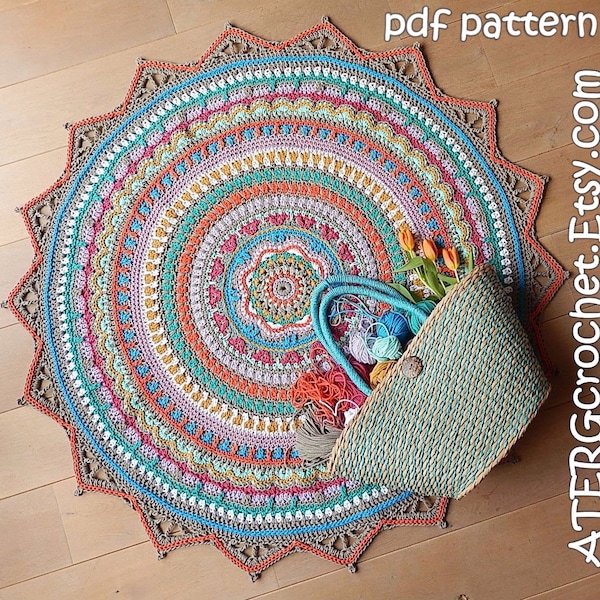 Boho Häkelteppich Muster, modernes Mandala Boden Dekor (PDF Download)