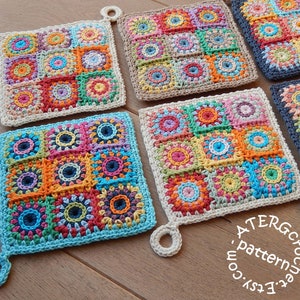 May include: Four crocheted pot holders with colorful square patterns and a loop handle. The pot holders are made with different colored yarns, including blue, green, orange, red, yellow, and brown. The pot holders are arranged in a row on a wooden surface. The text on the bottom right corner of the image reads '#EtsyCroche #ATERGcrochet .pattern.com'. 