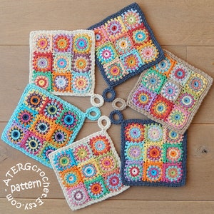 May include: Five crocheted pot holders with a colorful patchwork design. The pot holders are made with a variety of colors, including red, orange, yellow, green, blue, and purple. Each pot holder has a loop for hanging. The pot holders are arranged in a circle on a wooden surface.